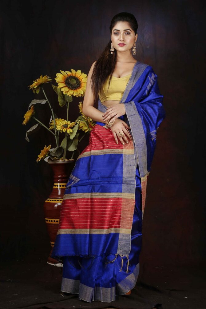 Blue and Red Dupion Silk Handloom Waeving Saree