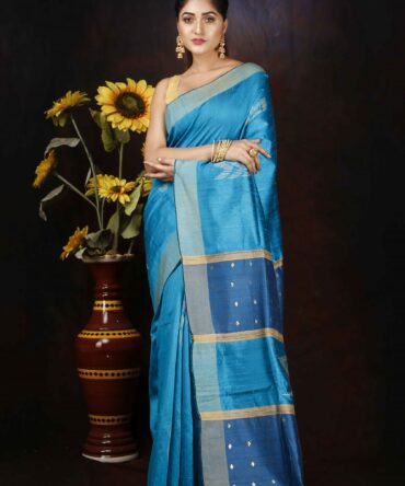 Duo Colour Blue Dupion Silk Handloom Weaving Saree