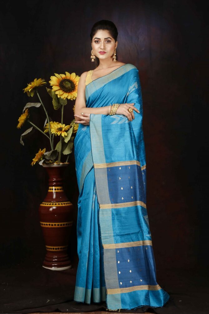 Duo Colour Blue Dupion Silk Handloom Weaving Saree