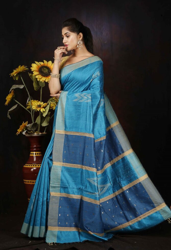 Duo Colour Blue Dupion Silk Handloom Weaving Saree