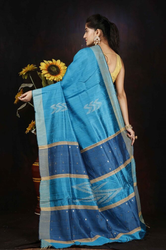 Duo Colour Blue Dupion Silk Handloom Weaving Saree