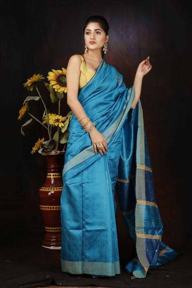 Duo Colour Blue Dupion Silk Handloom Weaving Saree
