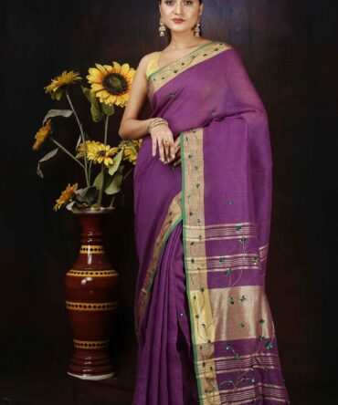 Purple Floral Embroidrey Linen Saree