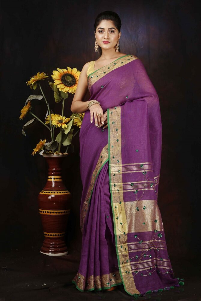 Purple Floral Embroidrey Linen Saree