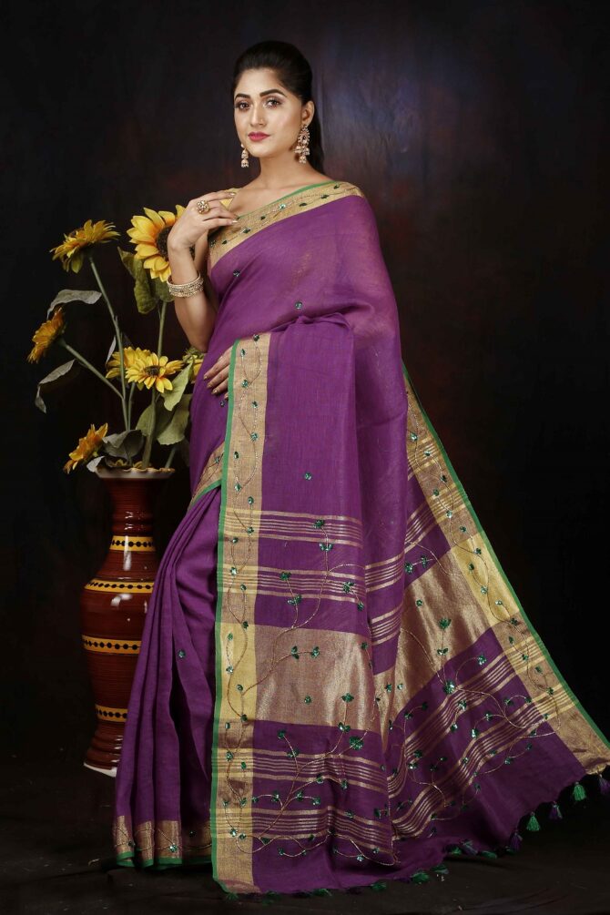 Purple Floral Embroidrey Linen Saree
