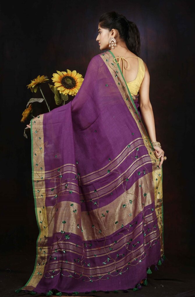 Purple Floral Embroidrey Linen Saree
