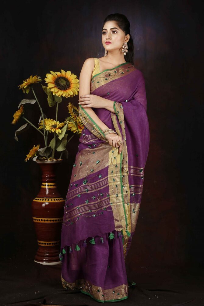 Purple Floral Embroidrey Linen Saree