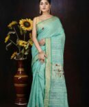 Teal Turquoise Blue Floral Embroidrey Linen Saree