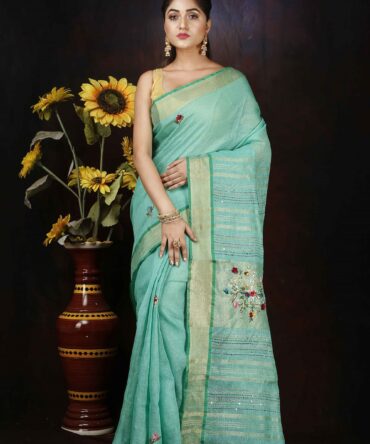 Teal Turquoise Blue Floral Embroidrey Linen Saree