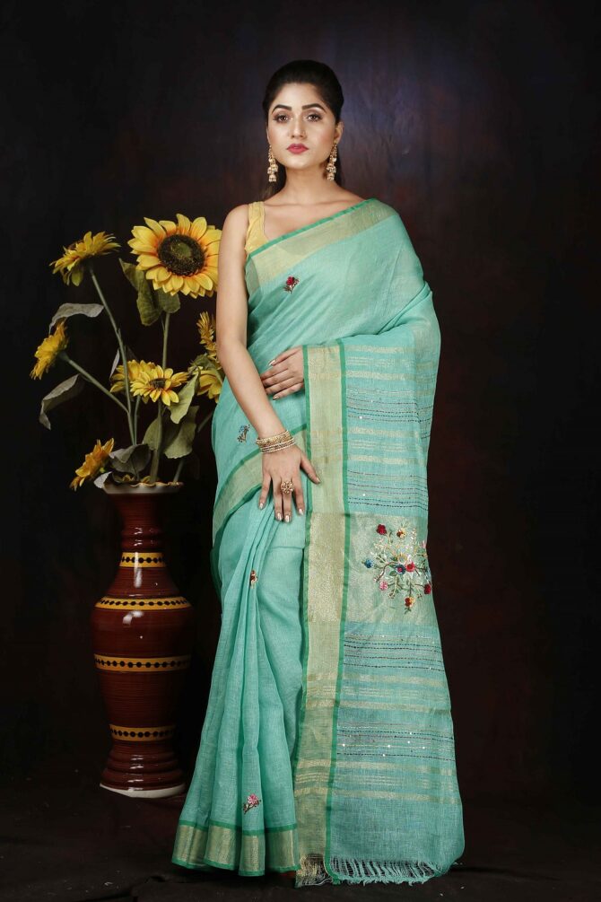 Teal Turquoise Blue Floral Embroidrey Linen Saree