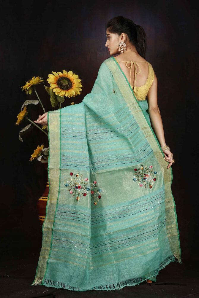 Teal Turquoise Blue Floral Embroidrey Linen Saree