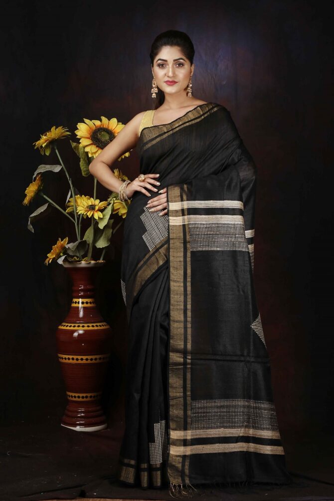 U.F Black Dupion Silk Saree