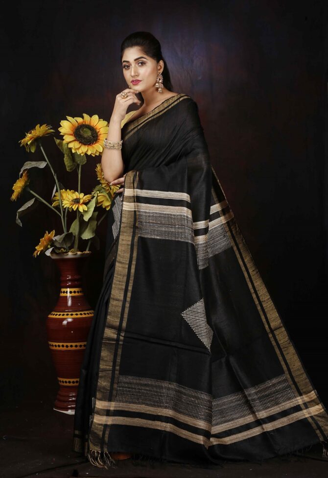 U.F Black Dupion Silk Saree