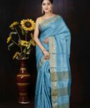 U.F Blue tussar Silk Temple Border Saree