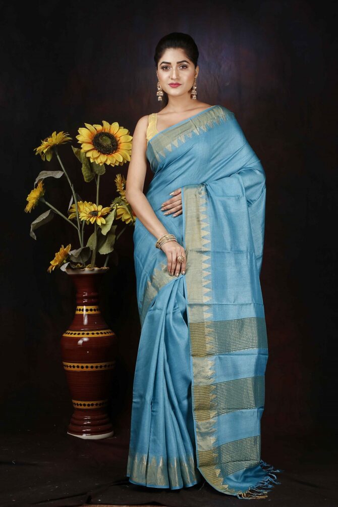U.F Blue tussar Silk Temple Border Saree