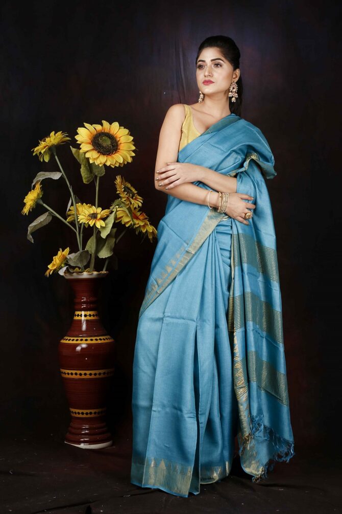 U.F Blue tussar Silk Temple Border Saree
