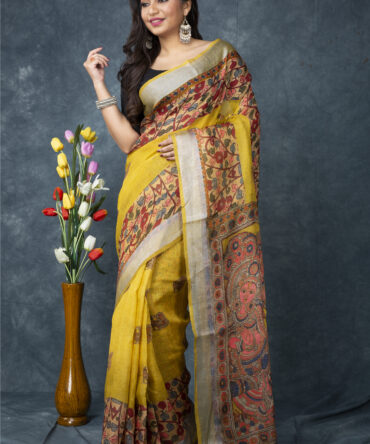 UF yellow Kalamkari Linen Digital Print Saree