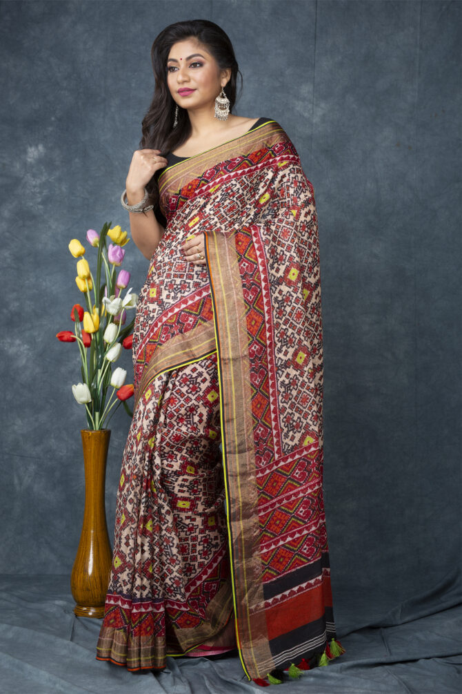 UF Multicolour Patola Linen Digital Print Saree