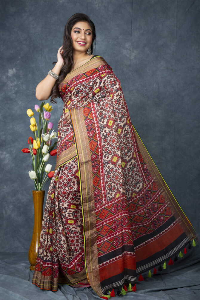 UF Multicolour Patola Linen Digital Print Saree