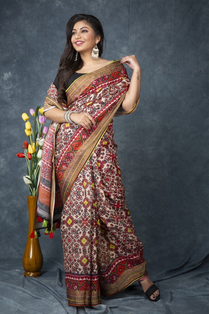 UF Multicolour Patola Linen Digital Print Saree