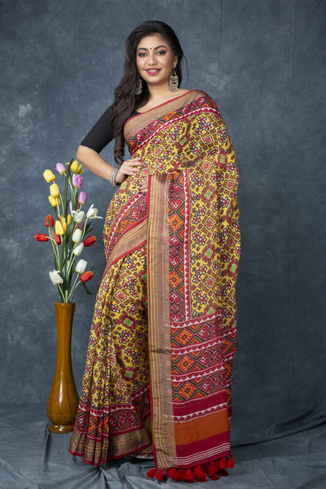 UF Yellow Patola Linen Digital Print Saree