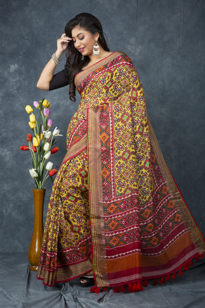 UF Yellow Patola Linen Digital Print Saree