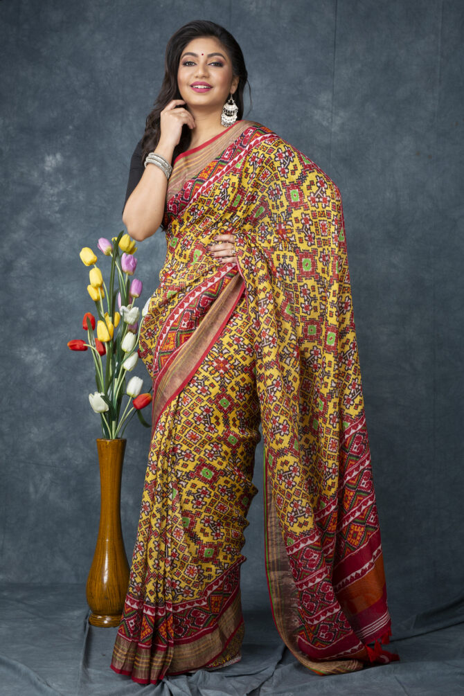 UF Yellow Patola Linen Digital Print Saree