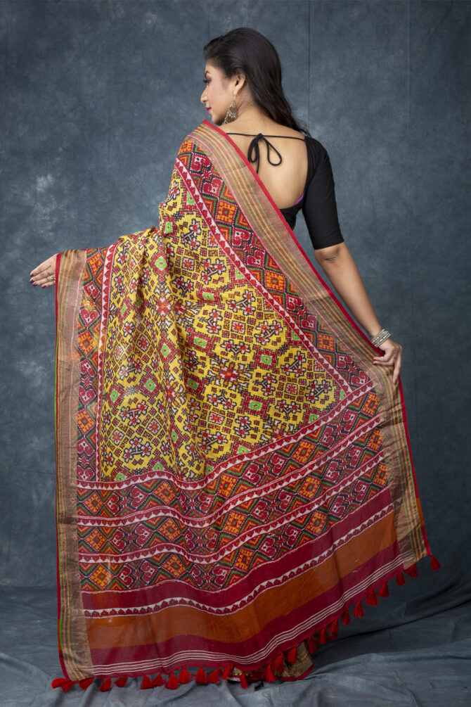 UF Yellow Patola Linen Digital Print Saree