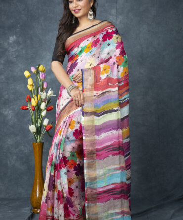 UF Multicolour Floral Linen Digital Print Saree