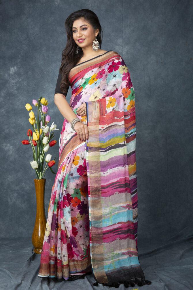 UF Multicolour Floral Linen Digital Print Saree