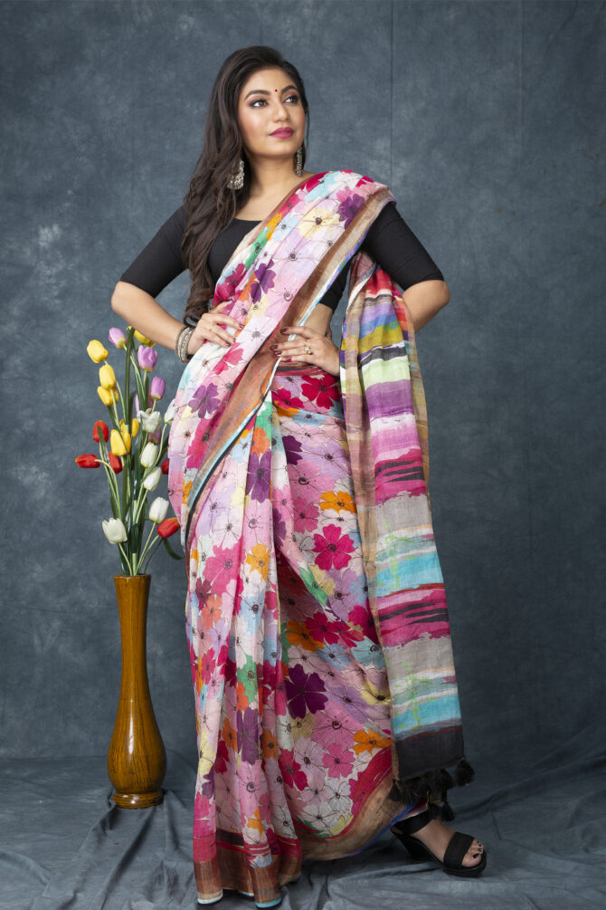 UF Multicolour Floral Linen Digital Print Saree