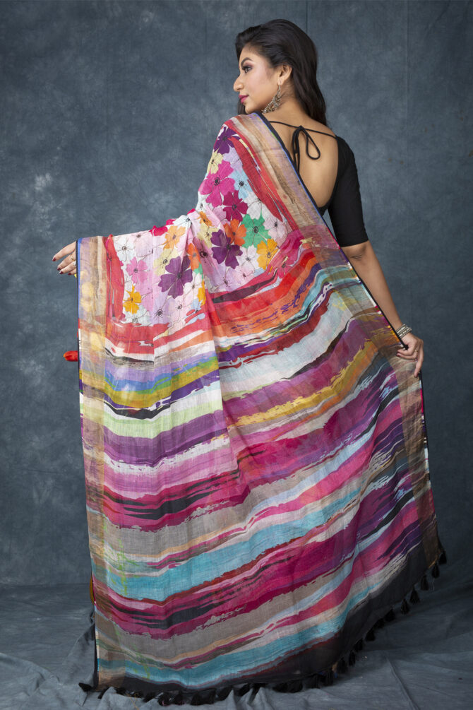 UF Multicolour Floral Linen Digital Print Saree