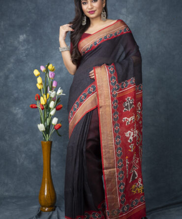 UF Jet Black Patola Linen Digital Print Saree