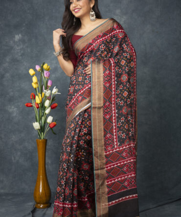 UF Black Red Patola Linen Digital Print Saree