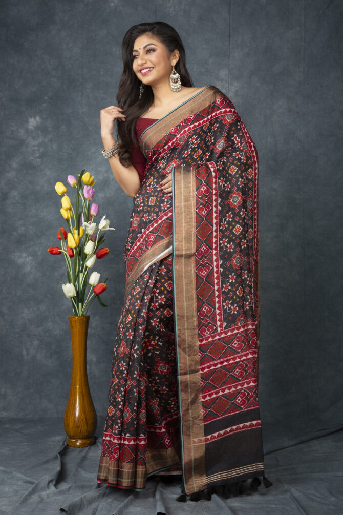 UF Black Red Patola Linen Digital Print Saree