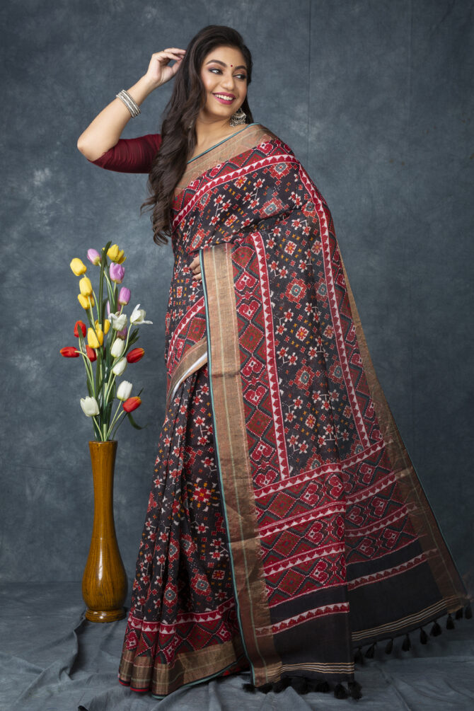 UF Black Red Patola Linen Digital Print Saree