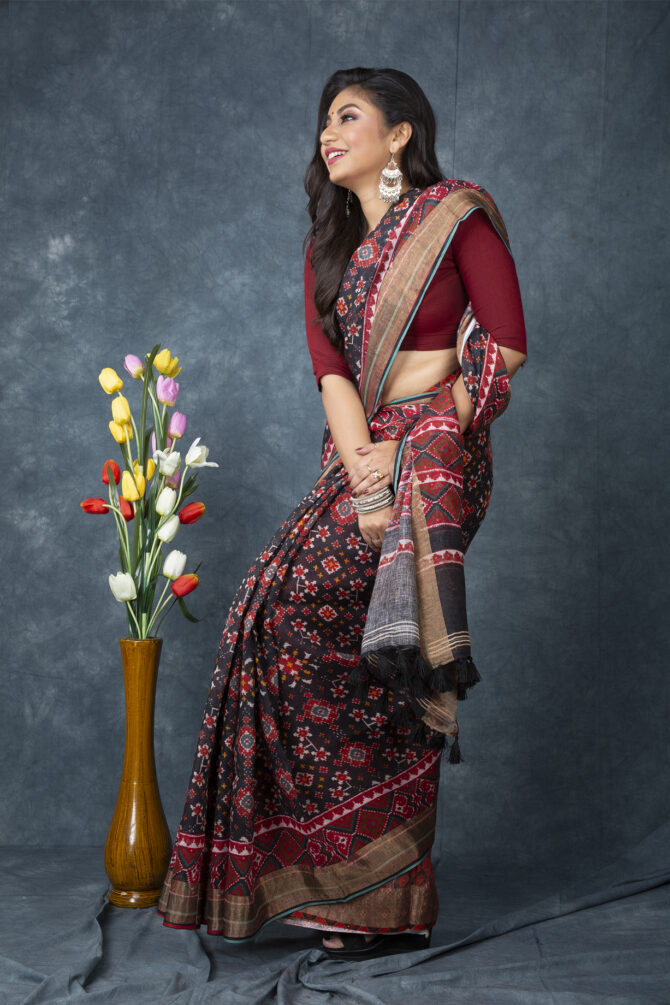 UF Black Red Patola Linen Digital Print Saree