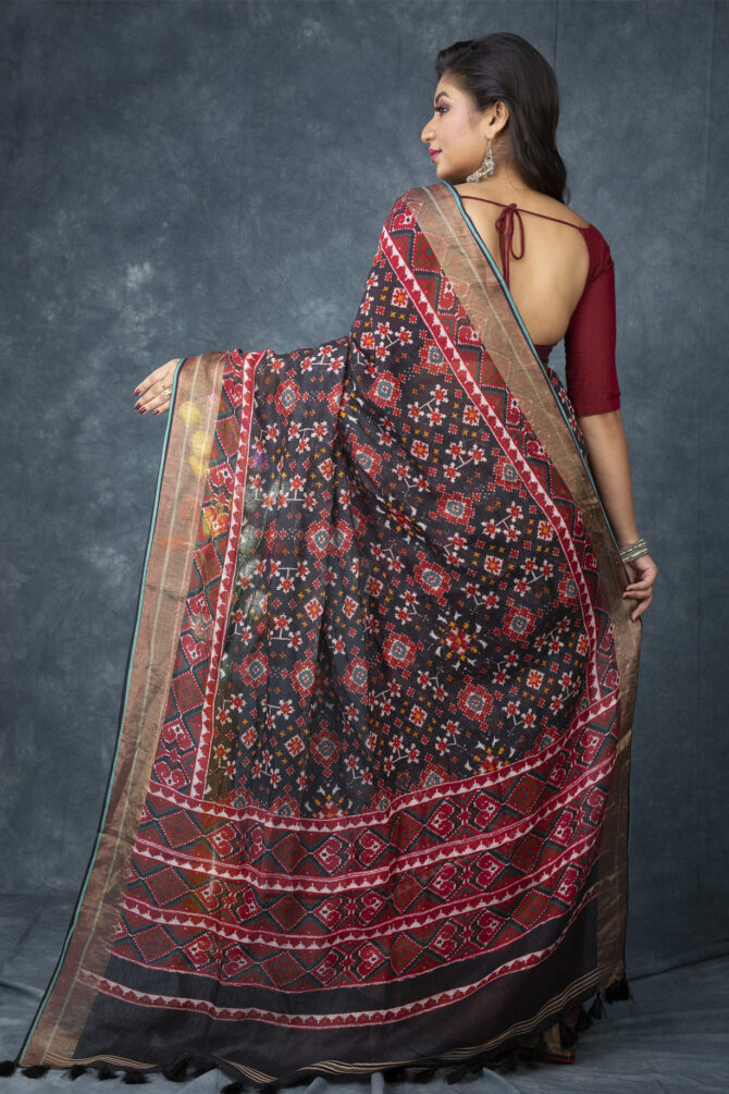 UF Black Red Patola Linen Digital Print Saree