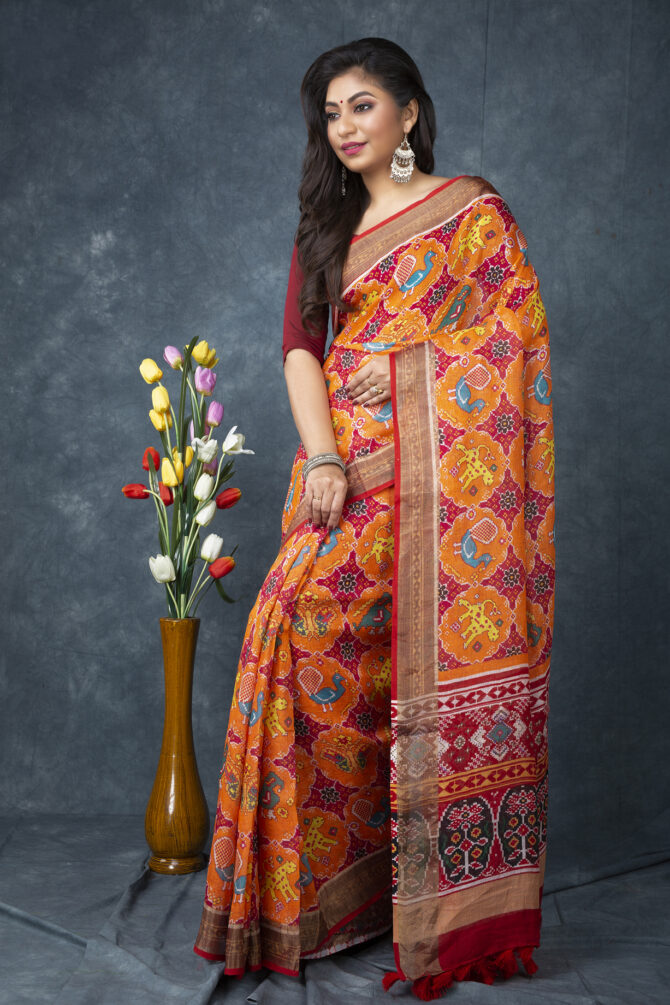 UF Orange Ajrak Patola Linen Digital Print Saree