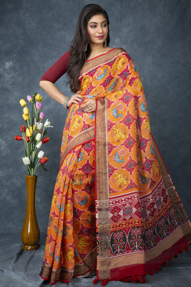 UF Orange Ajrak Patola Linen Digital Print Saree