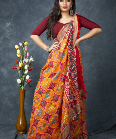 UF Orange Ajrak Patola Linen Digital Print Saree