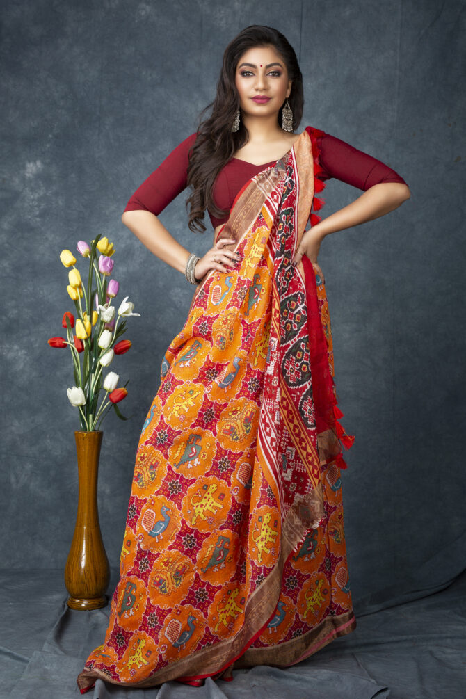 UF Orange Ajrak Patola Linen Digital Print Saree