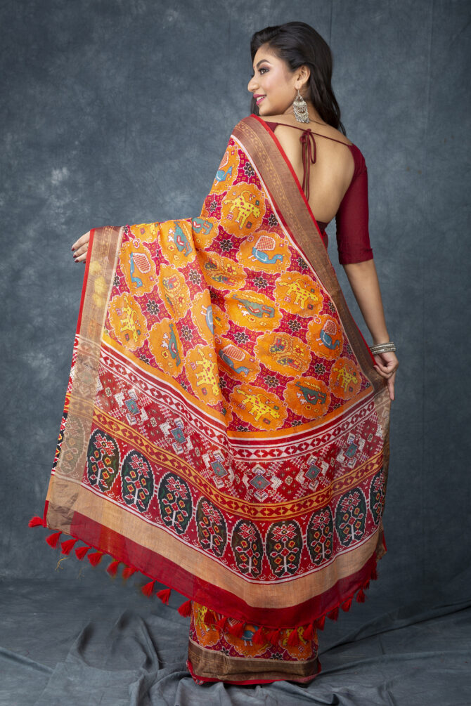UF Orange Ajrak Patola Linen Digital Print Saree