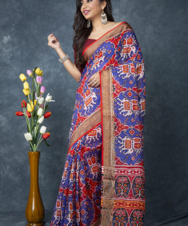 UF Saphire Blue Patola Linen Digital Print Saree