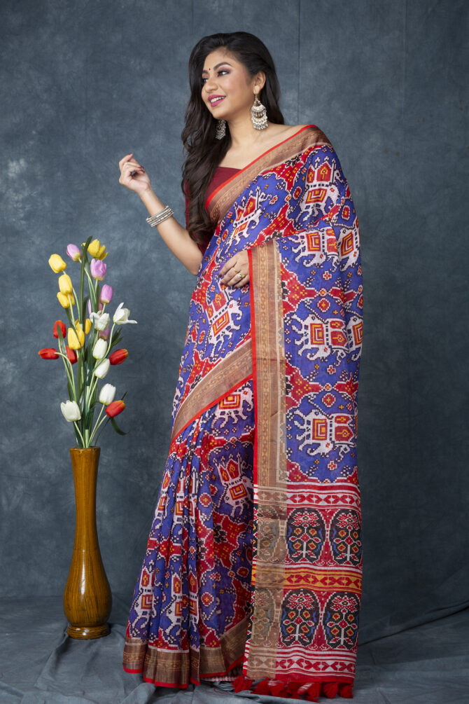 UF Saphire Blue Patola Linen Digital Print Saree