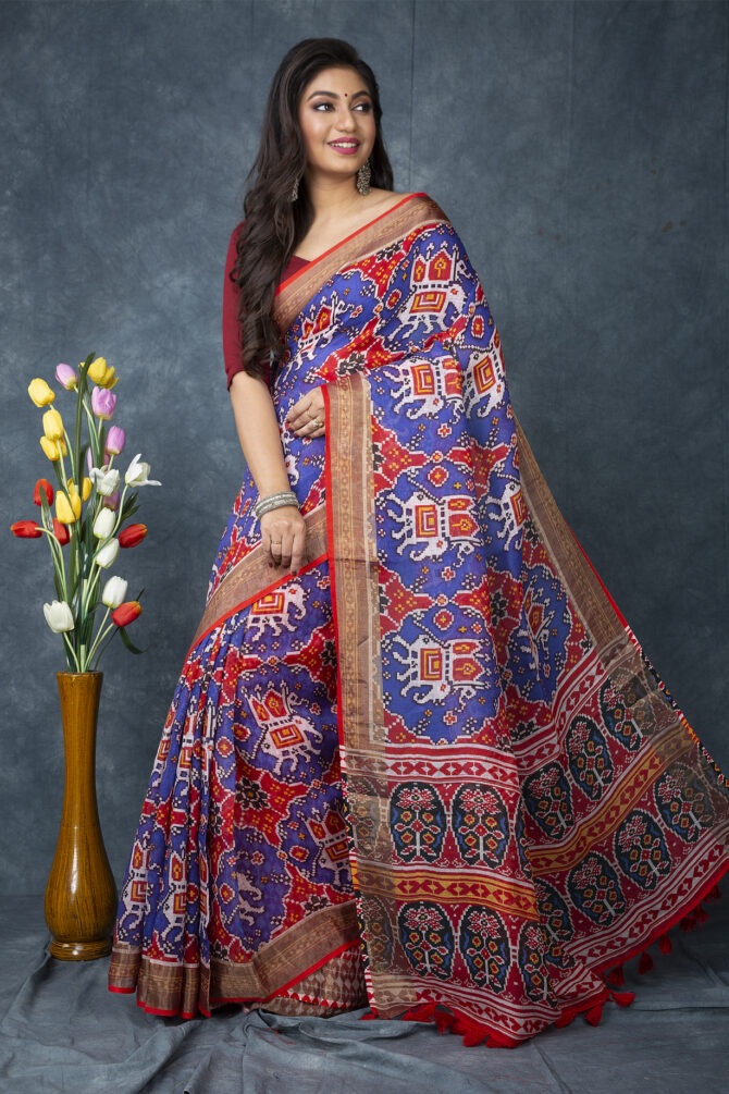 UF Saphire Blue Patola Linen Digital Print Saree