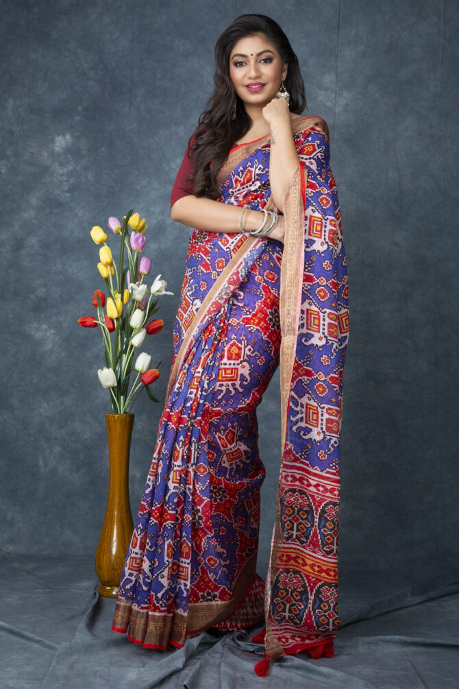 UF Saphire Blue Patola Linen Digital Print Saree