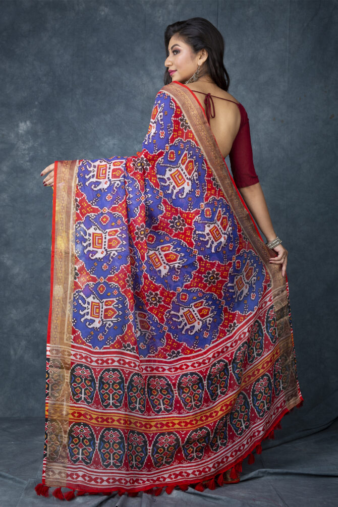 UF Saphire Blue Patola Linen Digital Print Saree