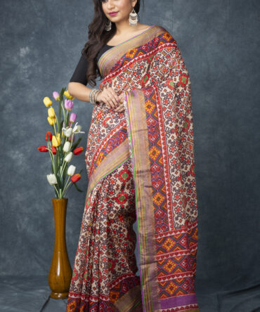 UF Multicolour Patola Linen Digital Print Saree