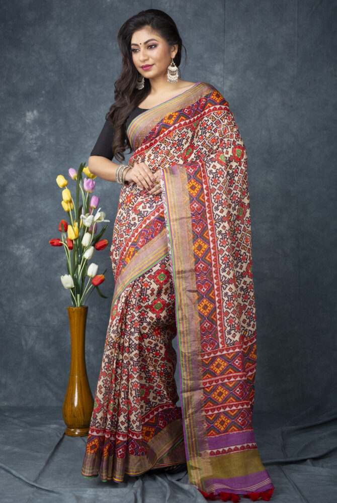 UF Multicolour Patola Linen Digital Print Saree